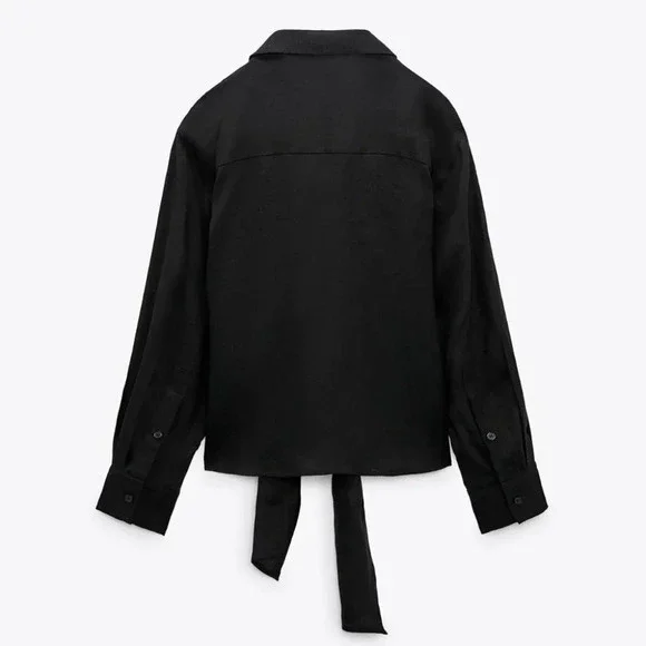 Zara Linen Tie Shirt With Knot Black NWT  Size Small - Picture 7 of 11